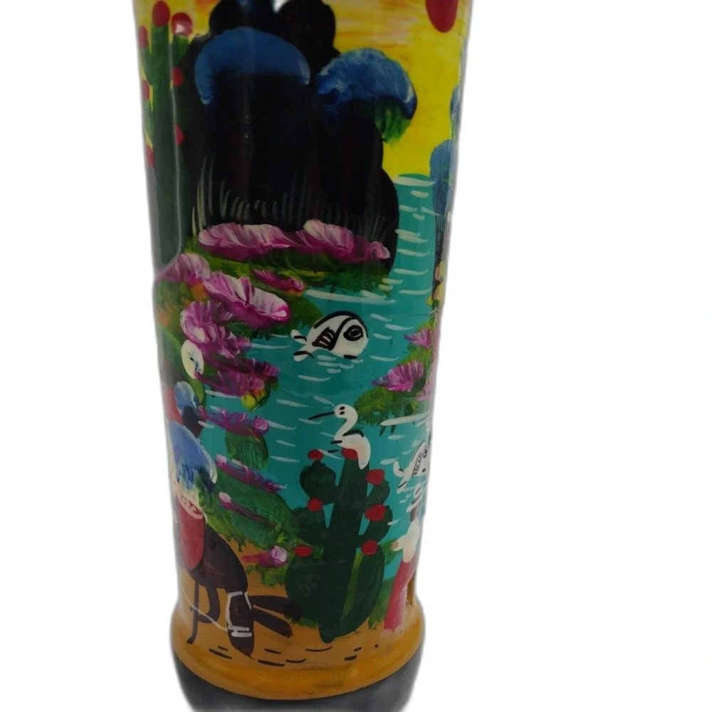 Hand painted Smirnoff Bottle Village Scene Mexican Folk Art Work Barware